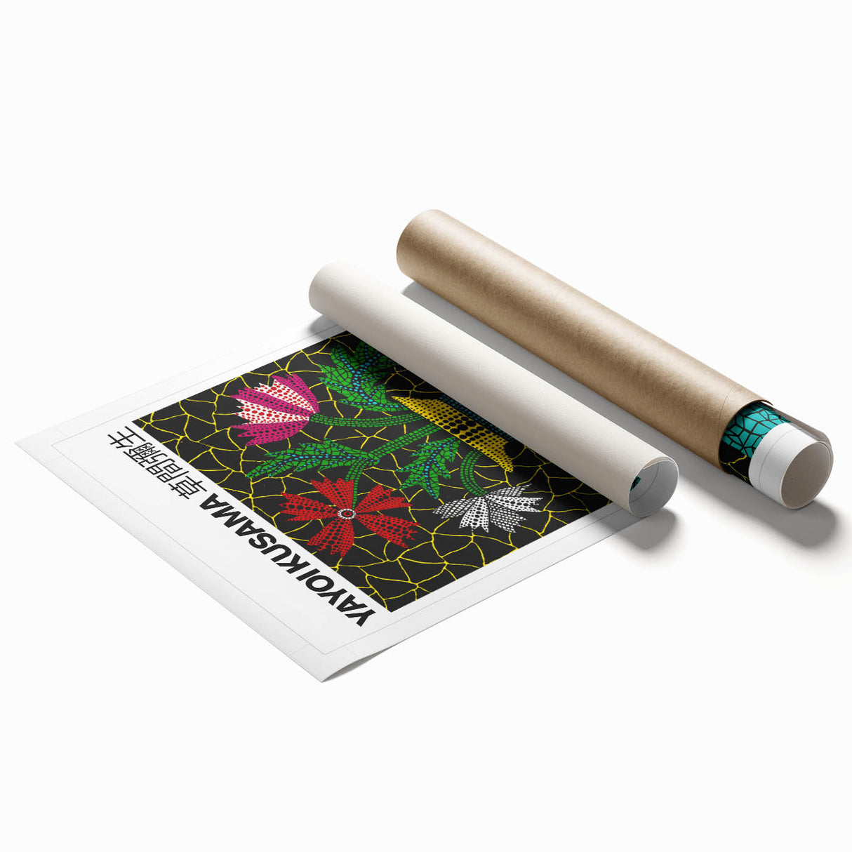 Extra large rolled print featuring a Yayoi Kusama-inspired floral design in vibrant colors.