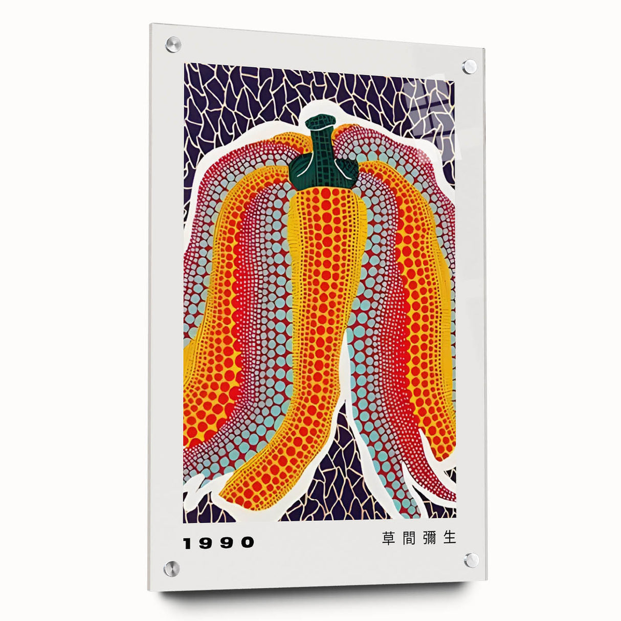 Large abstract wall art on acrylic glass featuring avant-garde Yayoi Kusama design, ideal for bedroom or dining room decor.