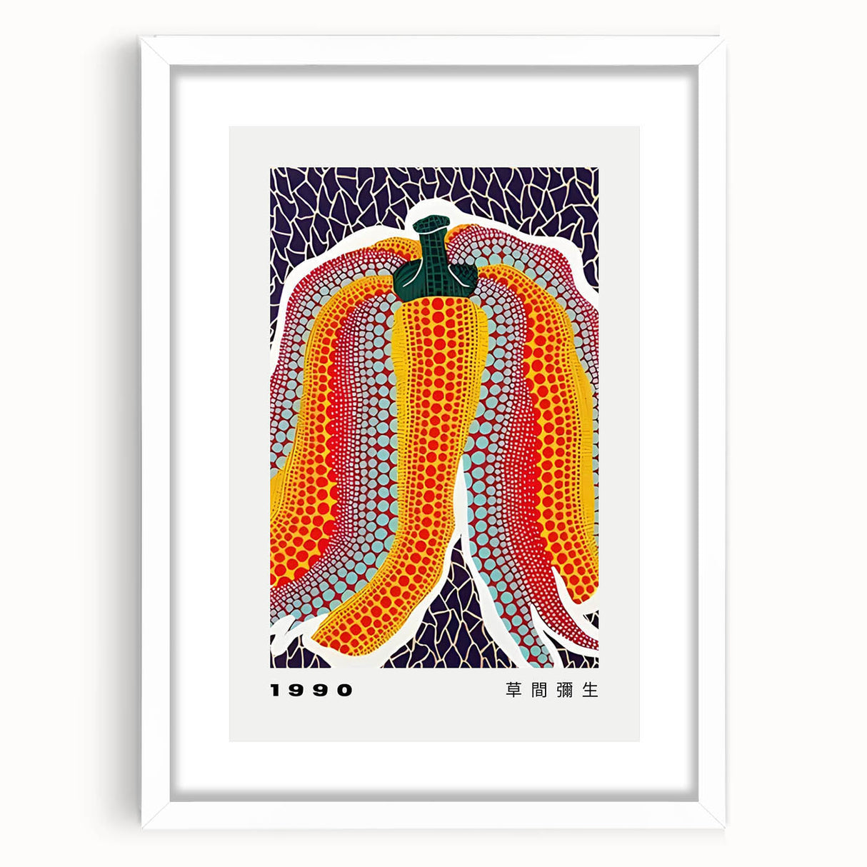 Abstract art print featuring polka dots and organic forms in red and white, framed with a white mat.