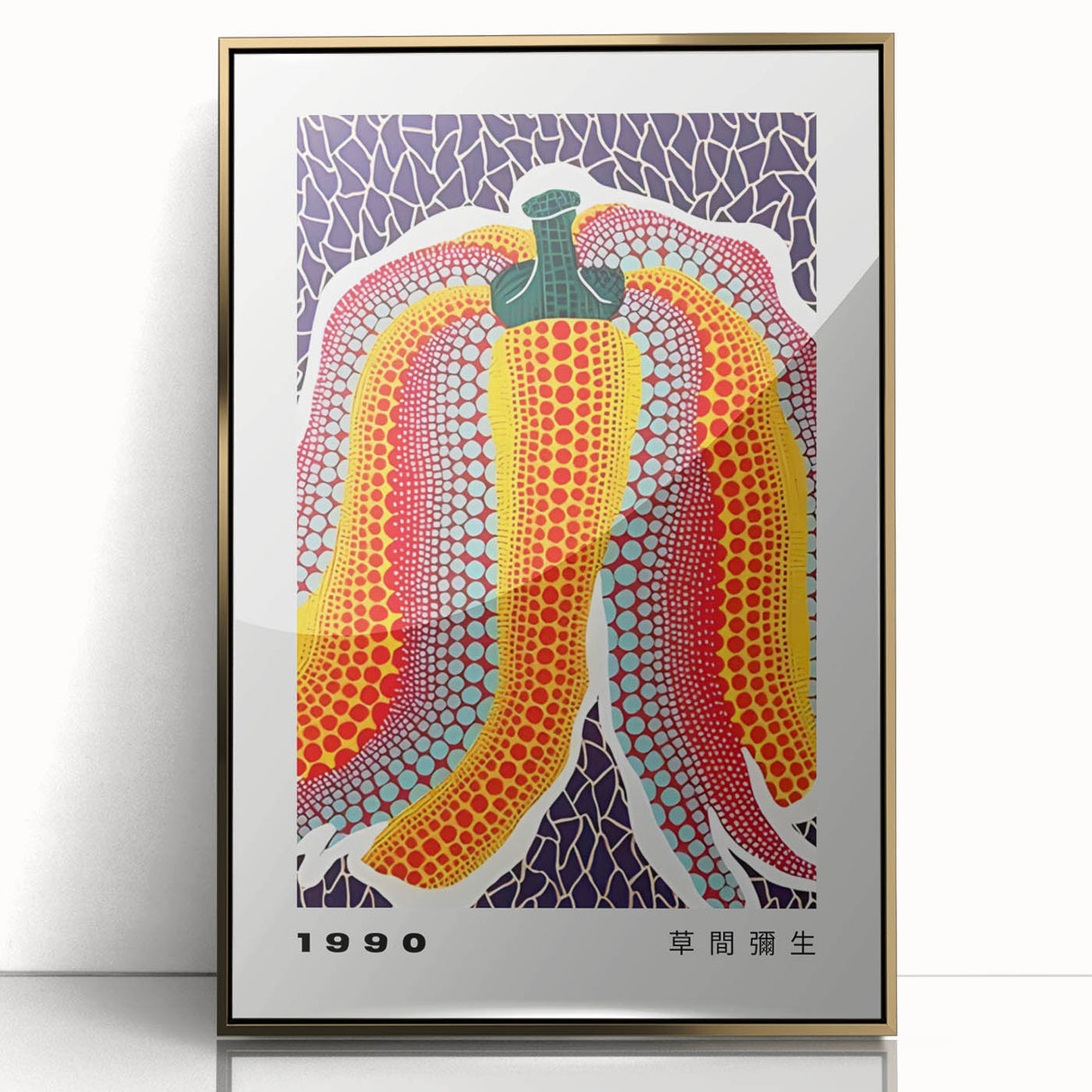 Large art print of a Yayoi Kusama-inspired polka dot pattern in vibrant colors, framed in gold acrylic.