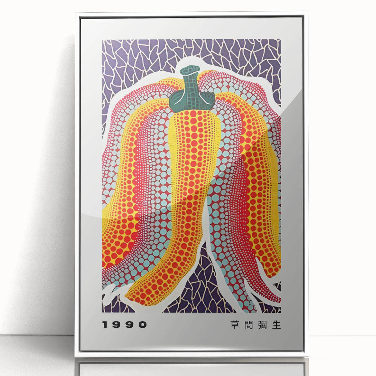 Modern art wall decor featuring a Yayoi Kusama-inspired avant-garde pattern in black and white, framed acrylic.