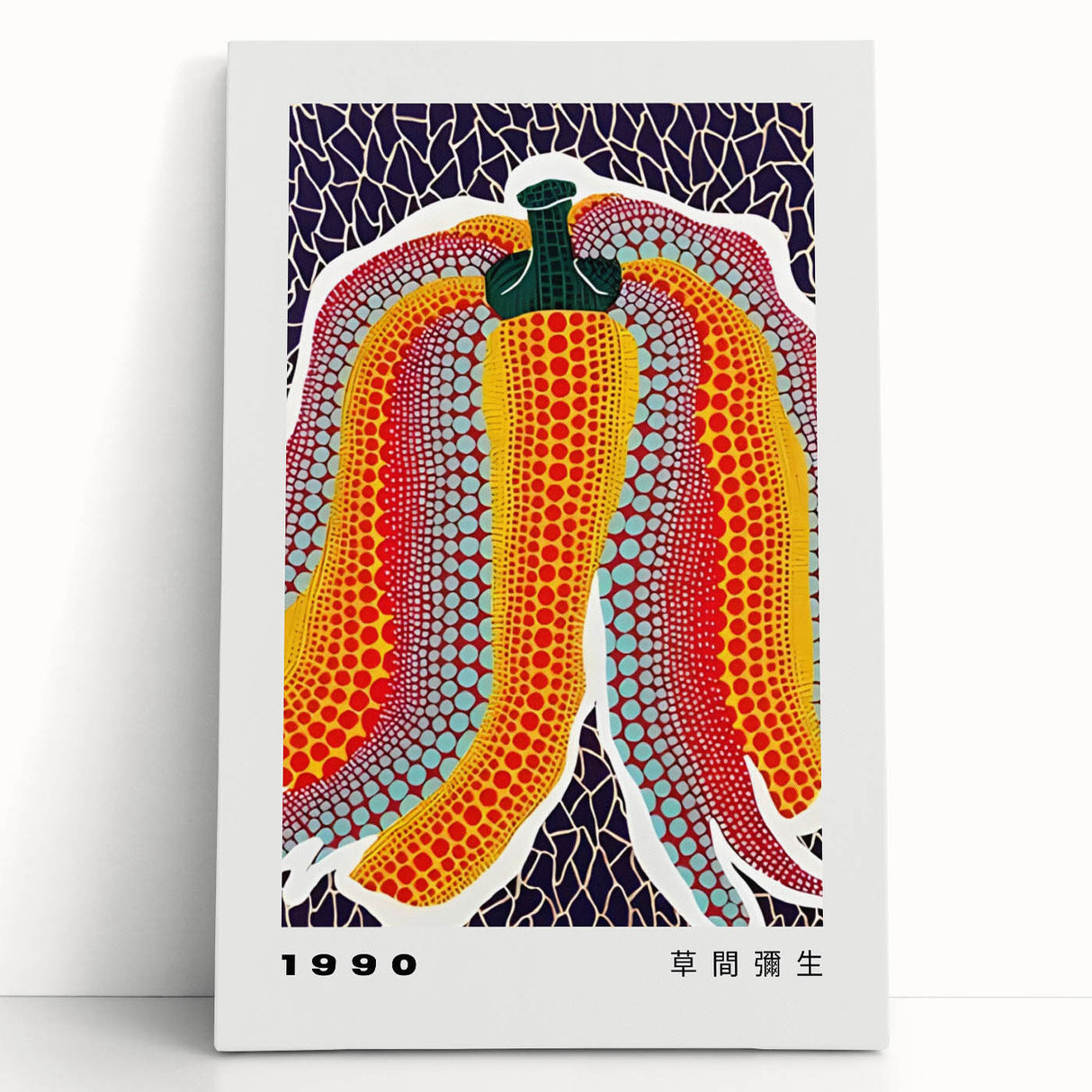Large black and white abstract canvas featuring Yayoi Kusama’s avant-garde style.