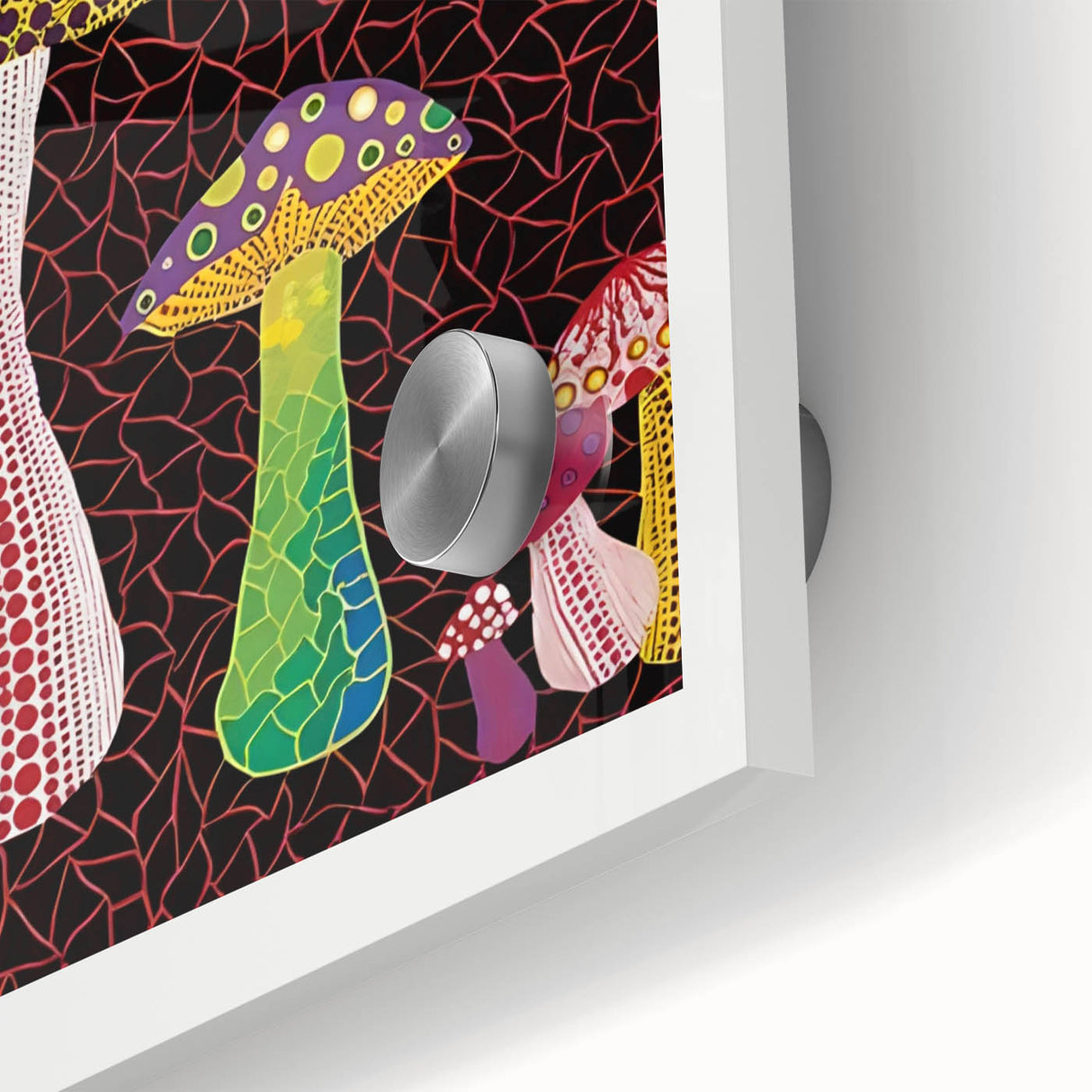 Large abstract wall art in vivid colors on acrylic glass, showcasing a mid-century modernist style.