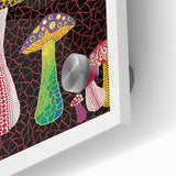 Large abstract wall art in vivid colors on acrylic glass, showcasing a mid-century modernist style.