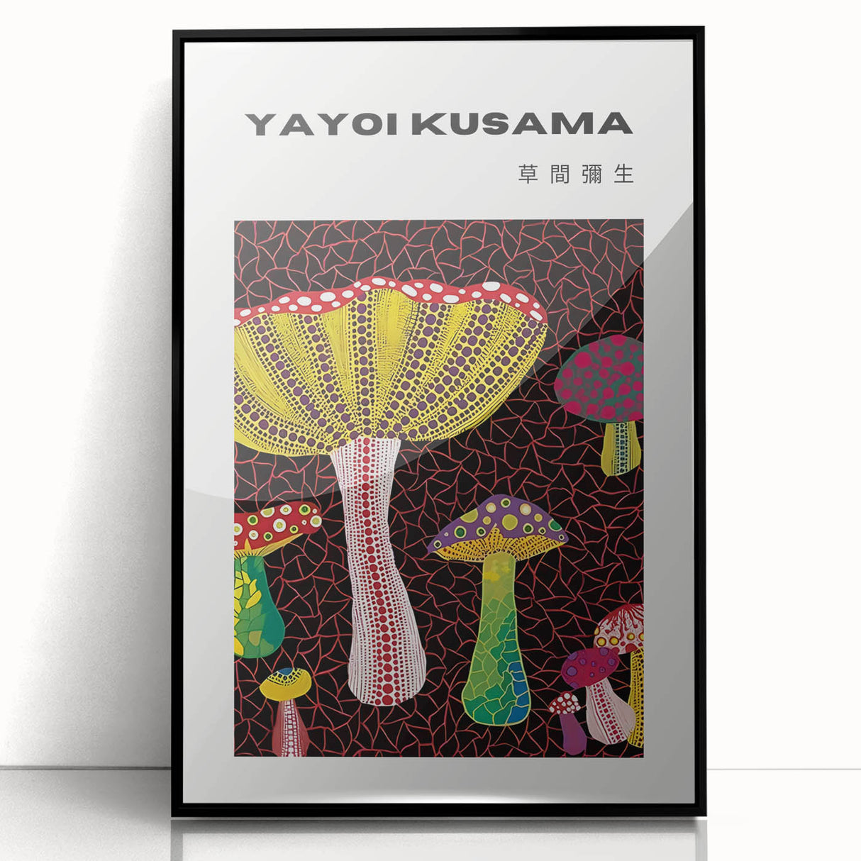 Large abstract wall art featuring a polka dot design in black and white, framed in acrylic.