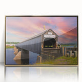 Large art print of a mid-century modernist covered bridge in earthy gold tones on framed acrylic.