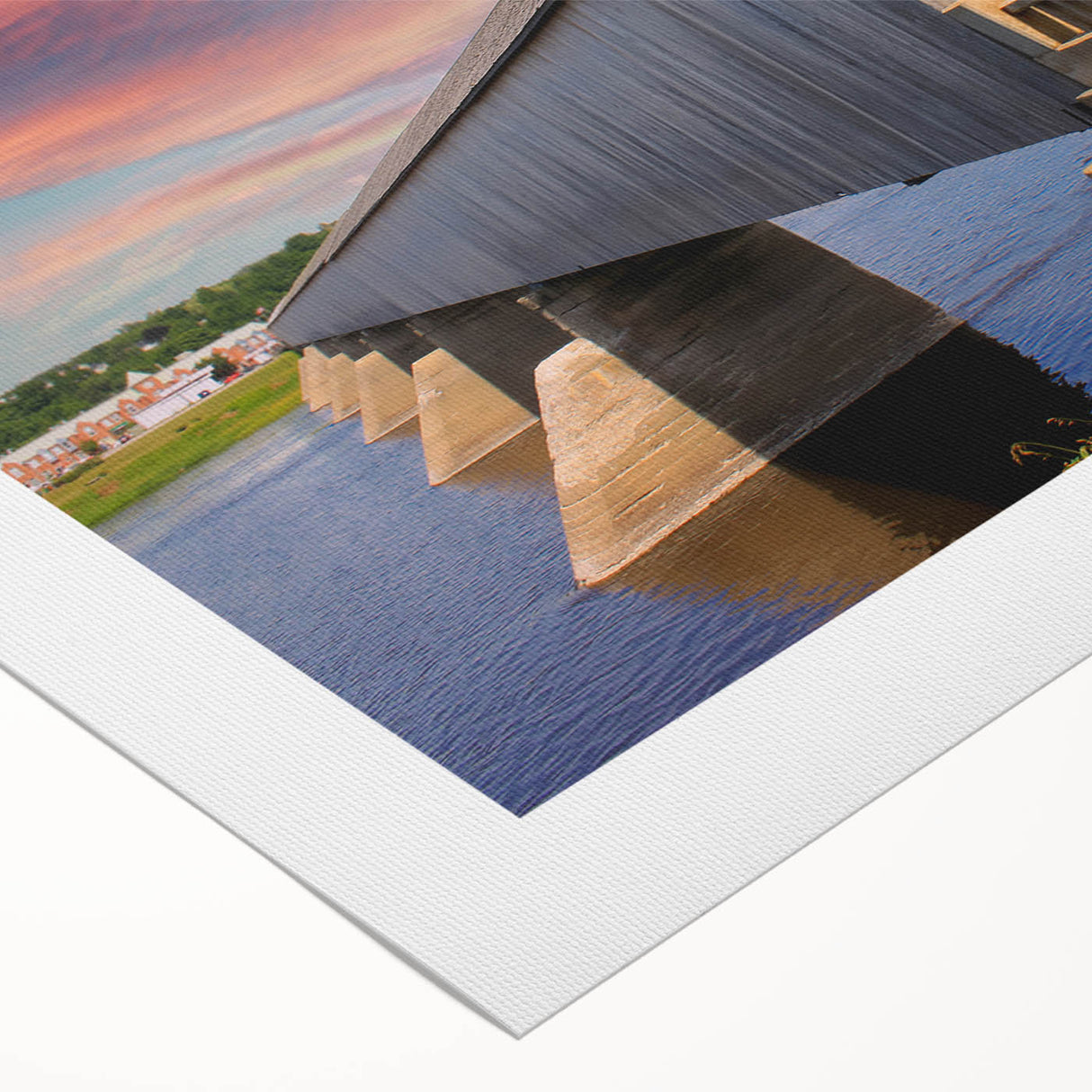 Art Deco poster featuring a covered bridge in muted earth tones on rolled canvas, suitable for dining room decor.