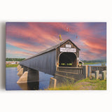 Black and white photograph of a covered bridge on stretched canvas, suited for kitchen wall art.