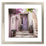 Textured art print of a Greek door architecture in muted earth tones, framed with a silver mat, suitable for bedroom decor.