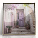 Mid-century modernist acrylic print of a Greek door in gold tones, ideal for modern art wall decor.