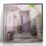 Mid-century modernist art of a Greek door in silver framed acrylic, muted earth tones, ideal for modern art wall decor.