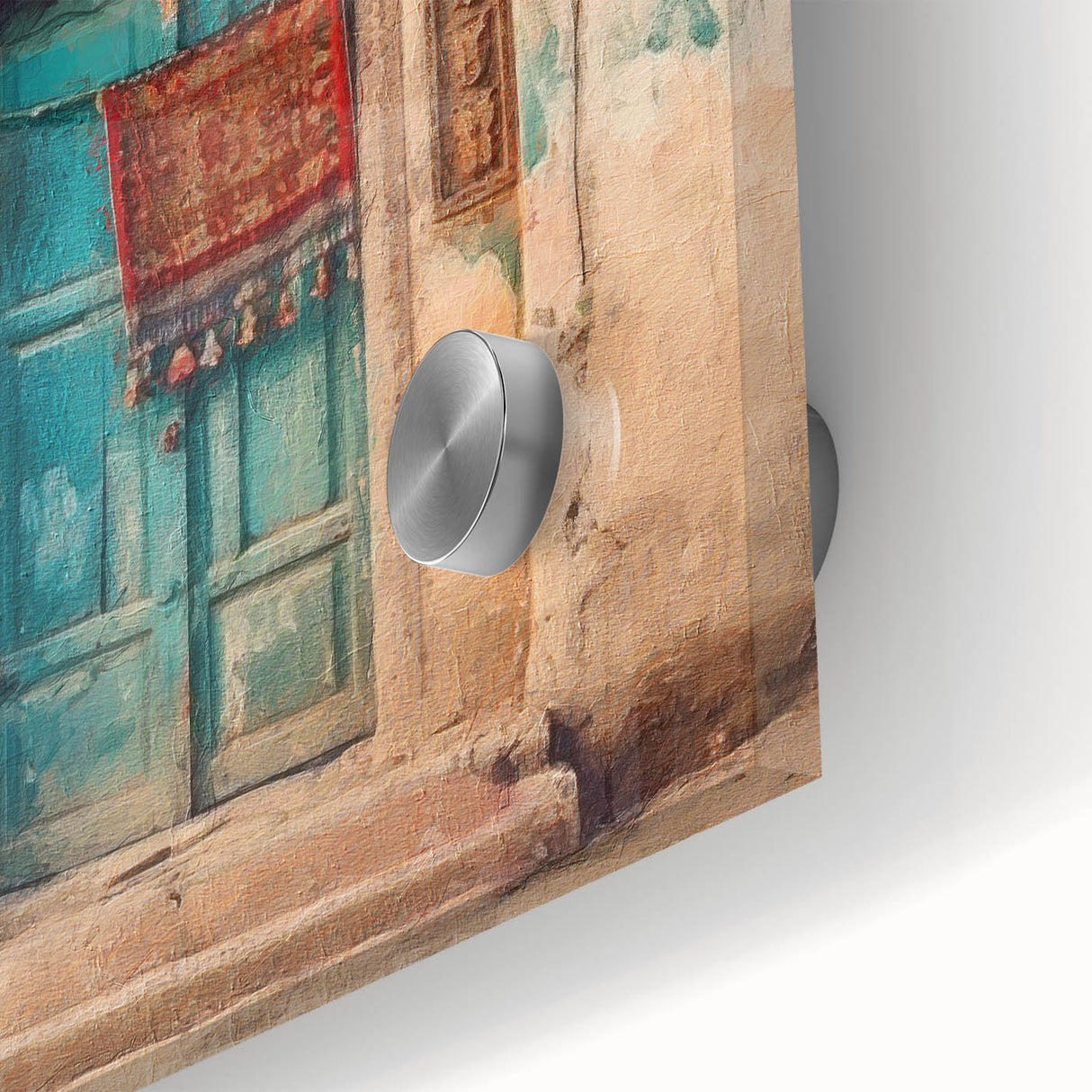 Close-up of a mid-century modernist Indian door design on acrylic glass, featuring earth tones, ideal for dining room art.