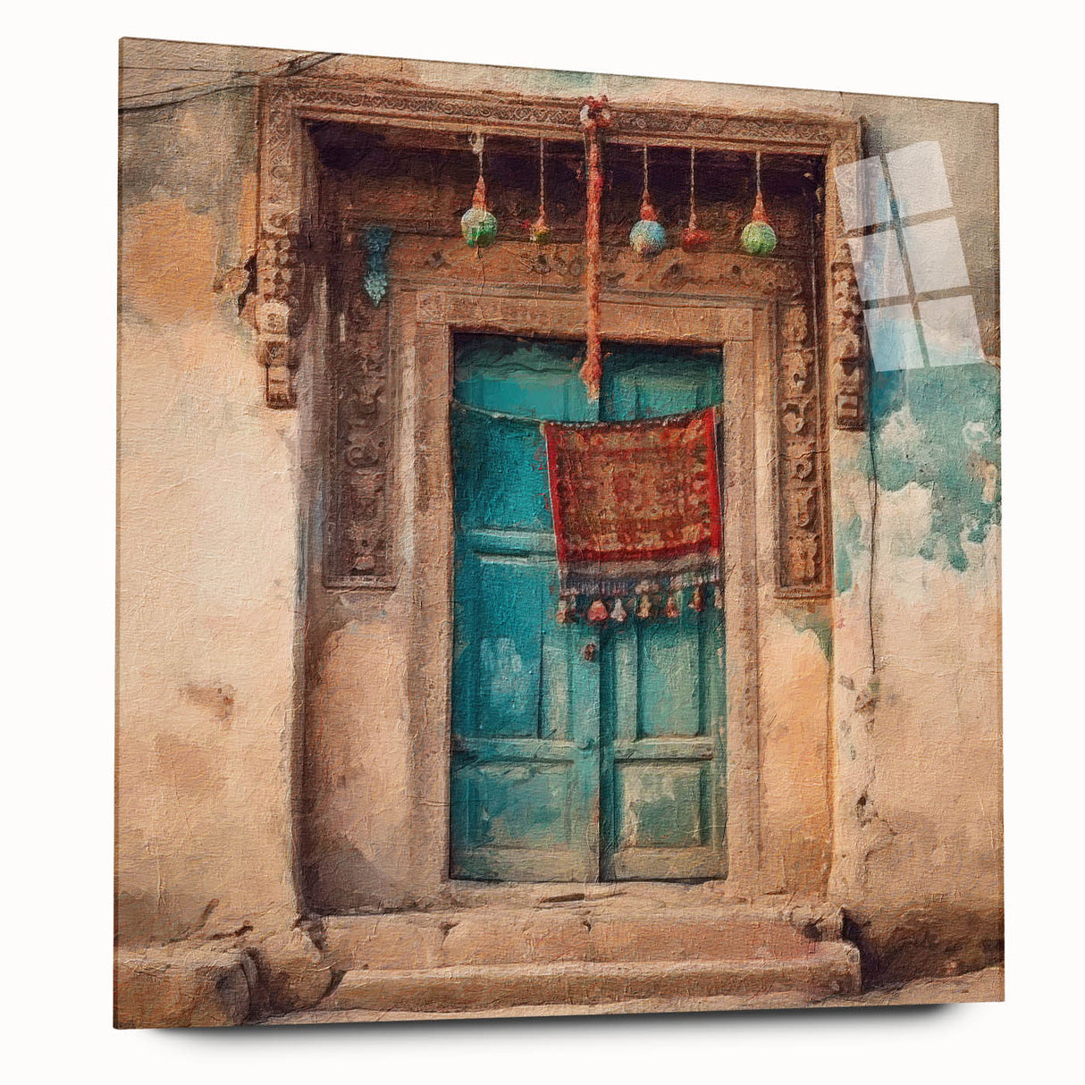 Large abstract wall art featuring an Indian architecture door design in muted earth tones, printed on acrylic glass.