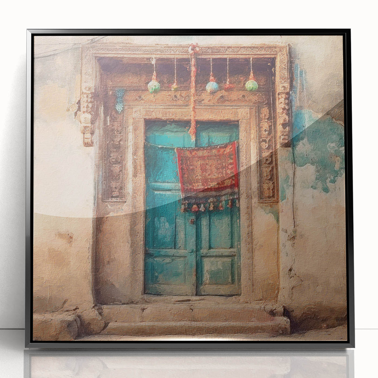 Large abstract wall art featuring an Indian architecture door design in black and white on a framed acrylic.