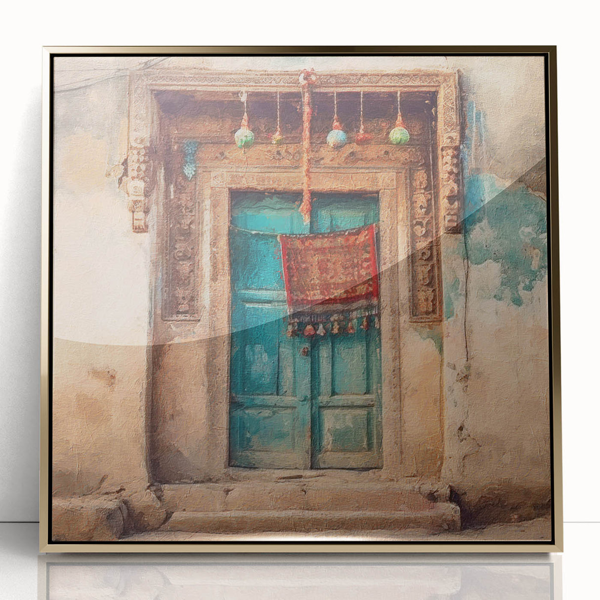 Mid-century modernist style large art print of an Indian architecture door in gold tones, acrylic framed.