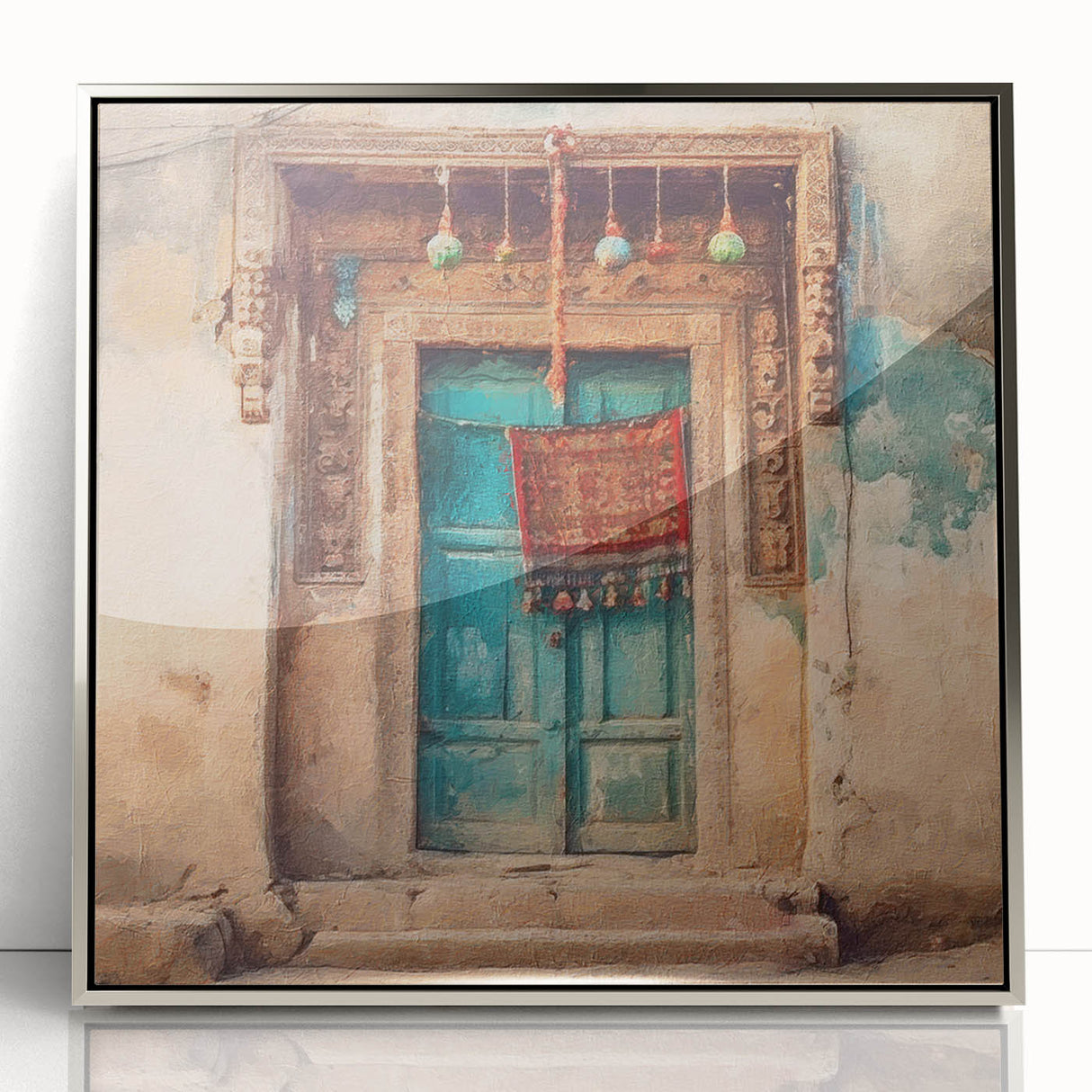 Mid-century modernist art depicting an Indian architecture door in silver framed acrylic, suitable for nursery wall art.