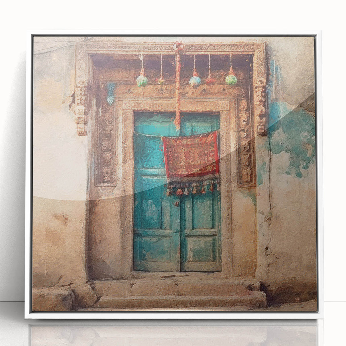 Art deco style poster of an Indian architecture door in white acrylic frame, suitable for modern art wall decor.