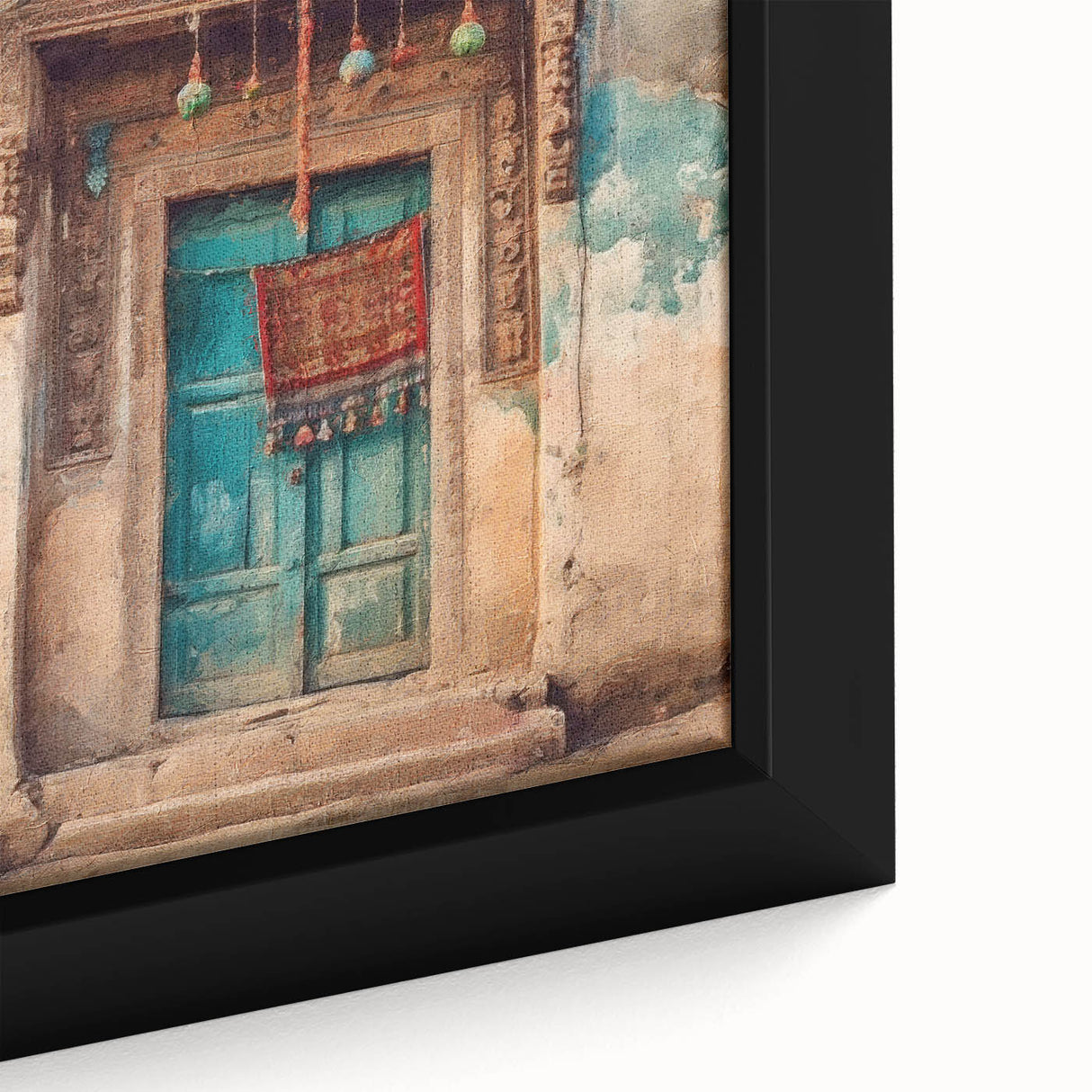 Close-up of a black framed canvas depicting a textured, colorful Indian door, ideal for extra large living room wall art.