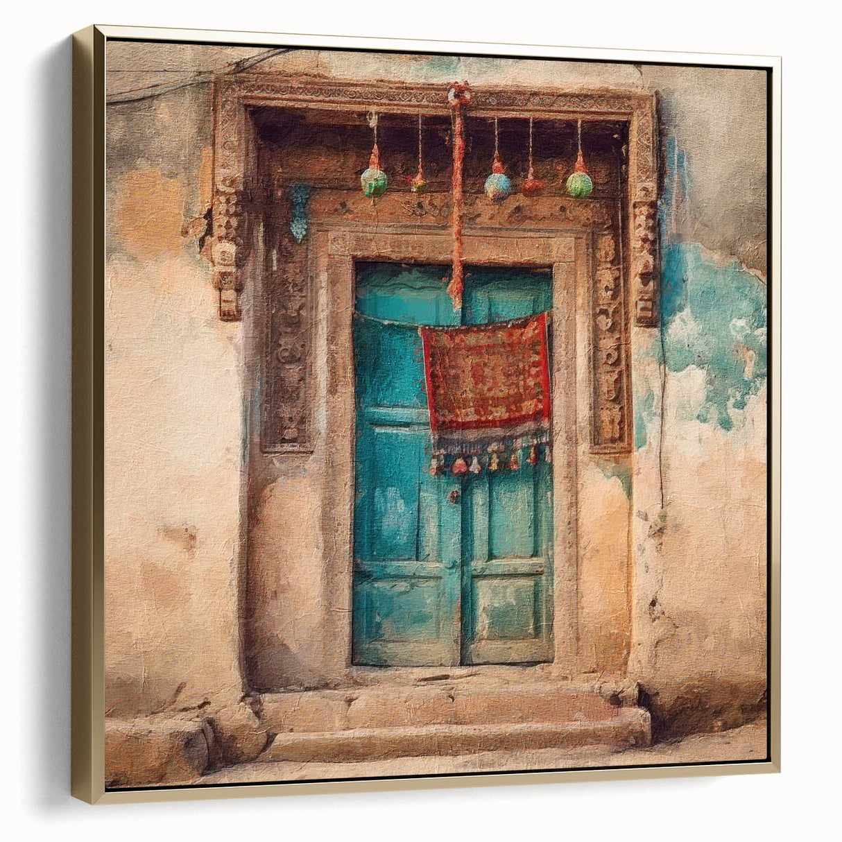 Framed canvas wall art featuring a detailed depiction of an ornate Indian door in silver and gold, ideal for bedroom decor.