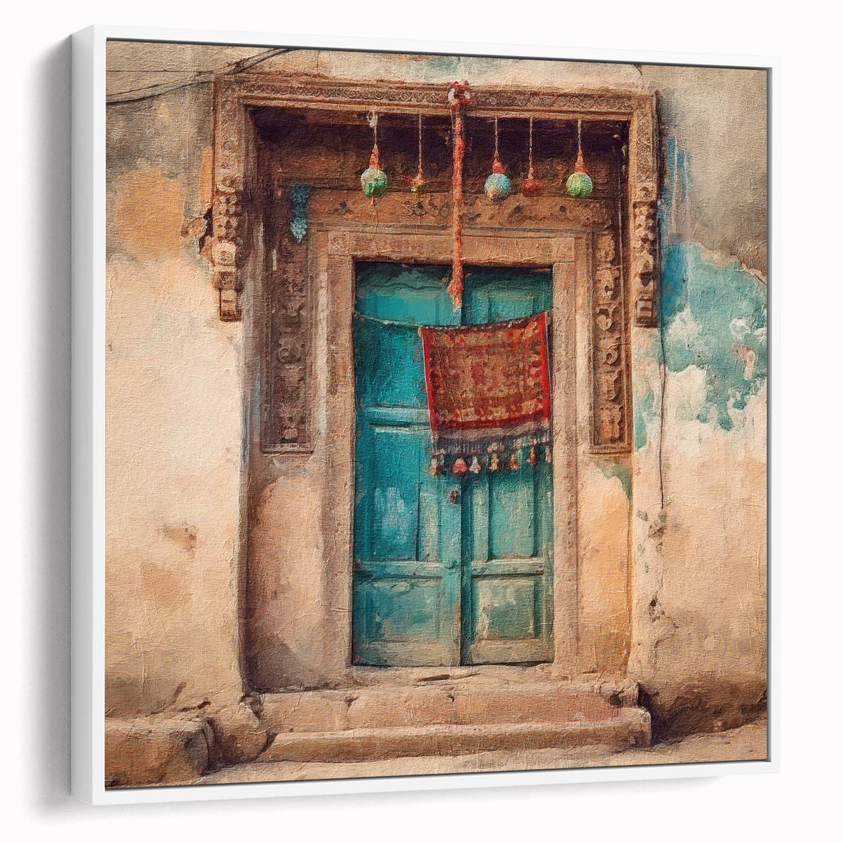 Vintage poster art of an ornate Indian door in vibrant colors on a white framed canvas, ideal for living room decor.