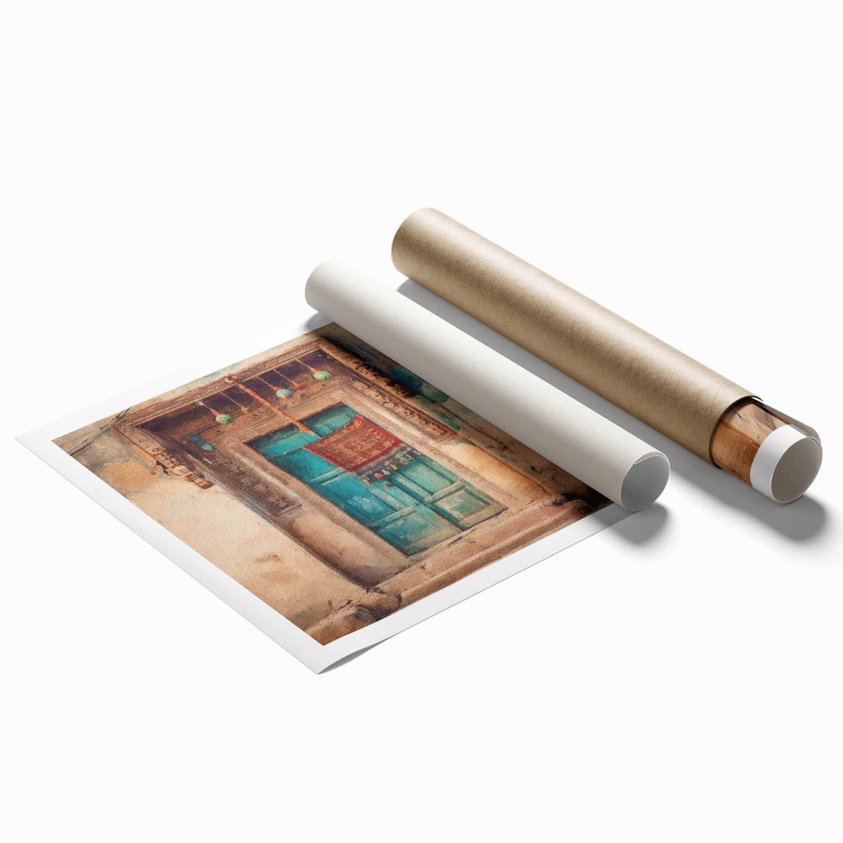 Extra large rolled print featuring a detailed Indian door architecture in earthy tones, ideal for classy bathroom wall art.