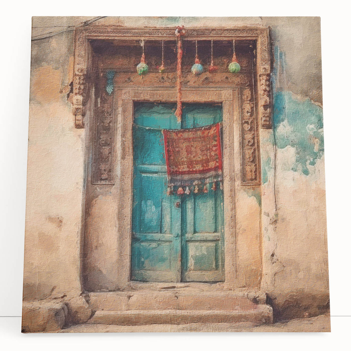 Black and white photo of an ornate Indian door on stretched canvas, suitable as large kitchen or bedroom wall art.
