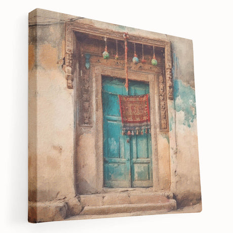 Indian architecture door design on stretched canvas, featuring earthy tones, ideal for kitchen wall art.