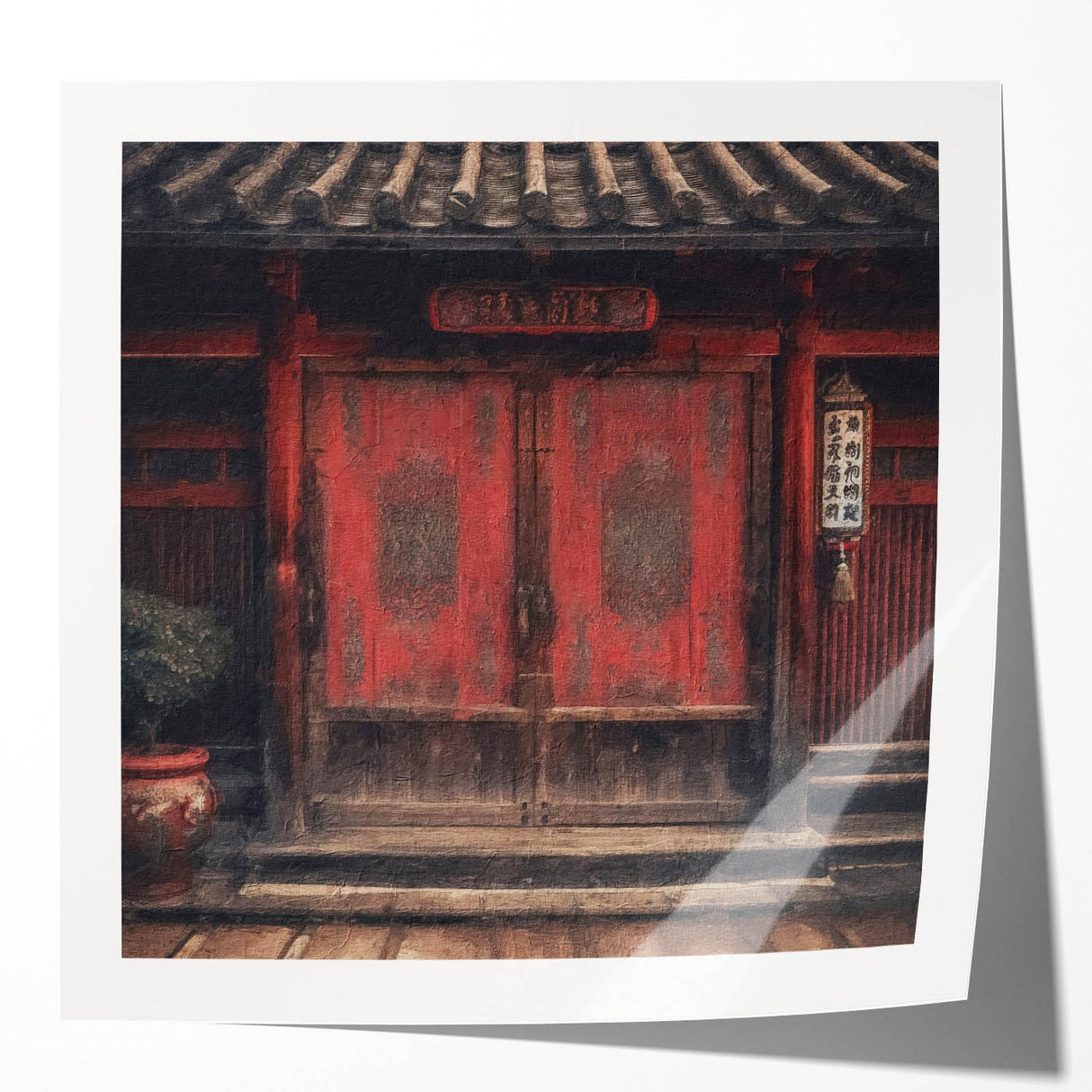 Japanese-style door in muted earth tones on a glossy photo print, suitable for art wall dining room.