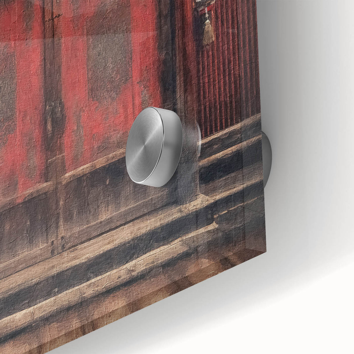 Mid-century modernist acrylic print of a Japanese door, ideal for dining room art, featuring muted earth tones.