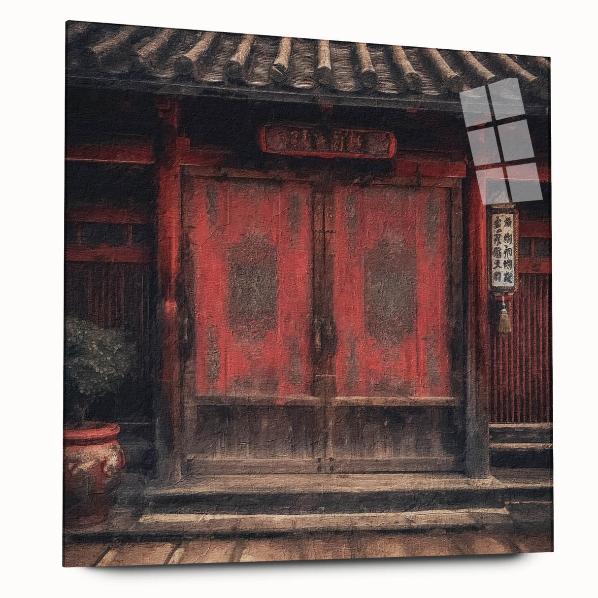 Acrylic print of a Japanese architecture door, in muted earth tones, ideal for bedroom or dining room art.