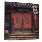 Acrylic print of a Japanese architecture door, in muted earth tones, ideal for bedroom or dining room art.