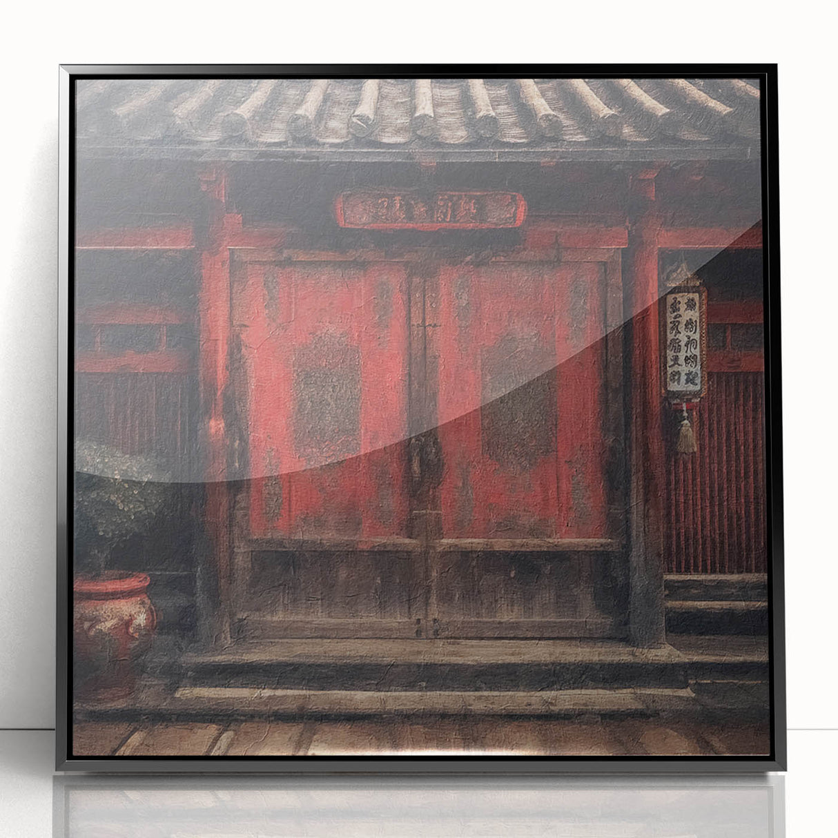 Large abstract wall art featuring a Japanese door design in black, framed in acrylic, suitable for modern art wall decor.