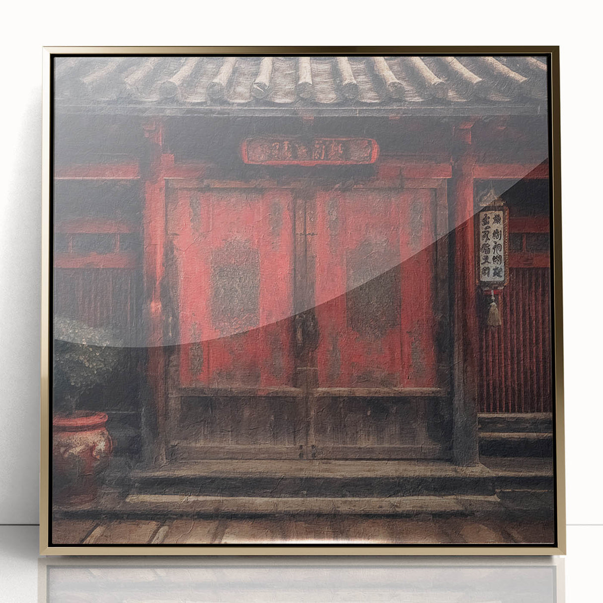 Mid-century modernist Japanese door design in gold tones on a framed acrylic, suitable for modern art wall decor.