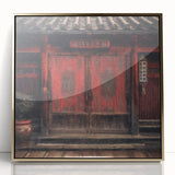 Mid-century modernist Japanese door design in gold tones on a framed acrylic, suitable for modern art wall decor.