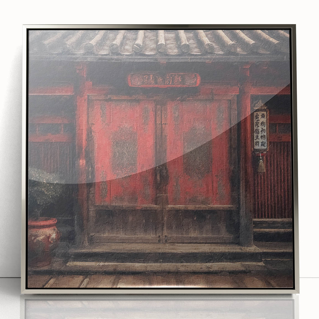Mid-century modernist art of a Japanese door in muted gray and silver tones, acrylic print framed.