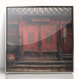 Mid-century modernist art of a Japanese door in muted gray and silver tones, acrylic print framed.