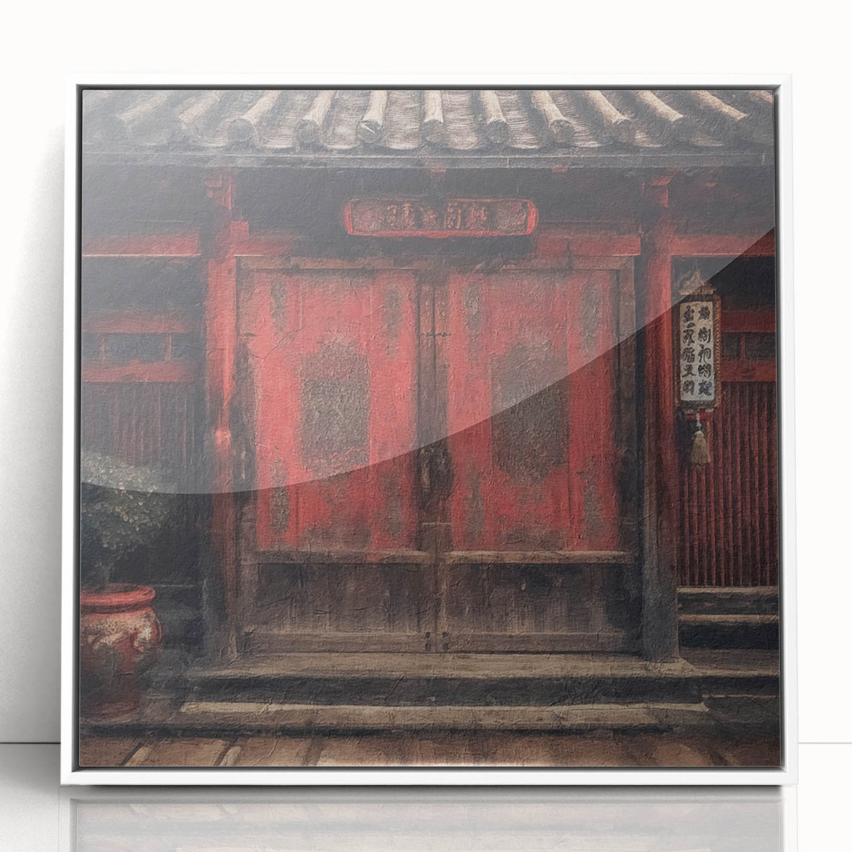 Framed acrylic print of a minimalist Japanese door design in black and white, suitable for modern art wall decor.