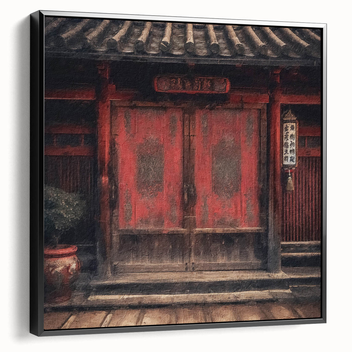 Black and white framed canvas featuring a vintage Japanese door design, ideal for bedroom wall art.