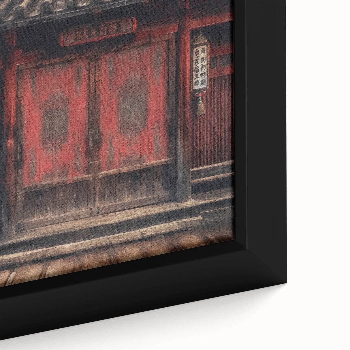 Close-up of a textured black wall art featuring a colorful Japanese door design on a framed canvas.