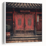 Vintage poster art of a traditional Japanese door on a white framed canvas, ideal for living room decor.