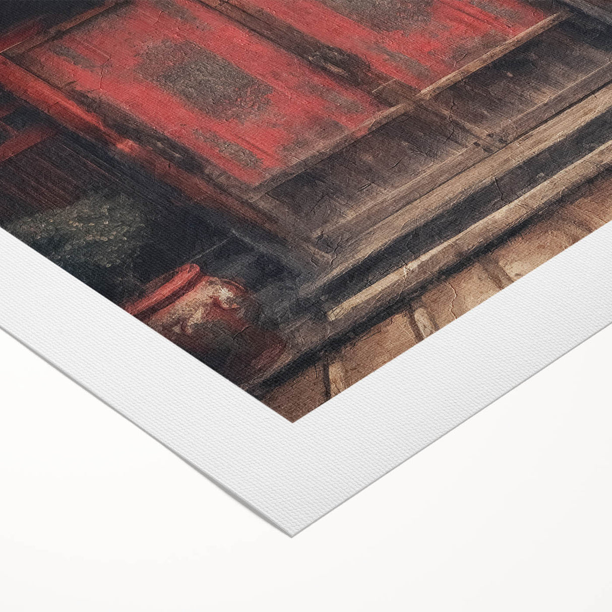 Art Deco poster of a Japanese door on rolled canvas, featuring muted earth tones, suitable for dining room wall art.