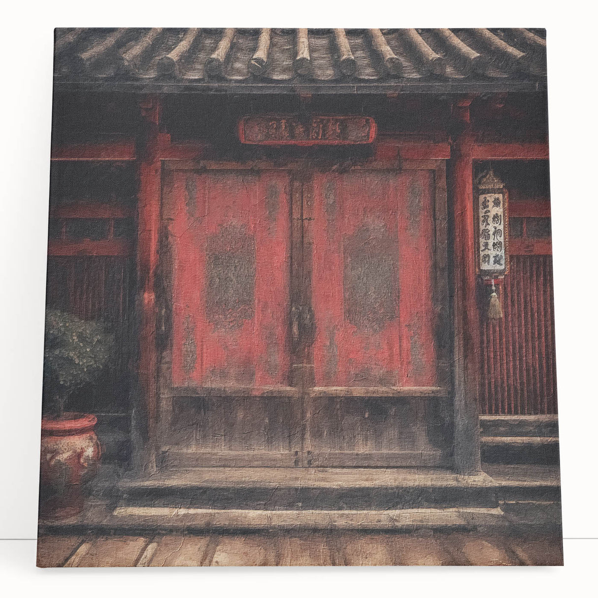 Black and white photo of a Japanese door on stretched canvas, ideal for kitchen wall art or bedroom ambiance.