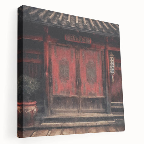 Japanese-style door depicted in muted earth tones on a stretched canvas, well-suited for kitchen wall art.