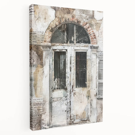 Rustic Italian door design on stretched canvas, featuring earthy tones, ideal for kitchen wall art.