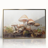 Framed acrylic wall art showcasing a vibrant floral and botanical design with mushrooms, featuring a luxurious gold frame, perfect for home decor enhancement.