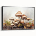 Framed canvas wall art showcasing a vibrant floral and mushroom design, featuring a black frame and side view, ideal for enhancing any modern home decor. Perfect for nature lovers, this piece adds a touch of elegance and whimsy to living spaces.