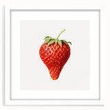 Abstract art print featuring assorted fruits in vibrant colors on a white framed canvas, ideal for dining room decor.