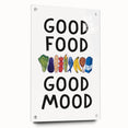 Large abstract wall art on acrylic glass depicting vibrant culinary motifs, ideal for dining room decor.