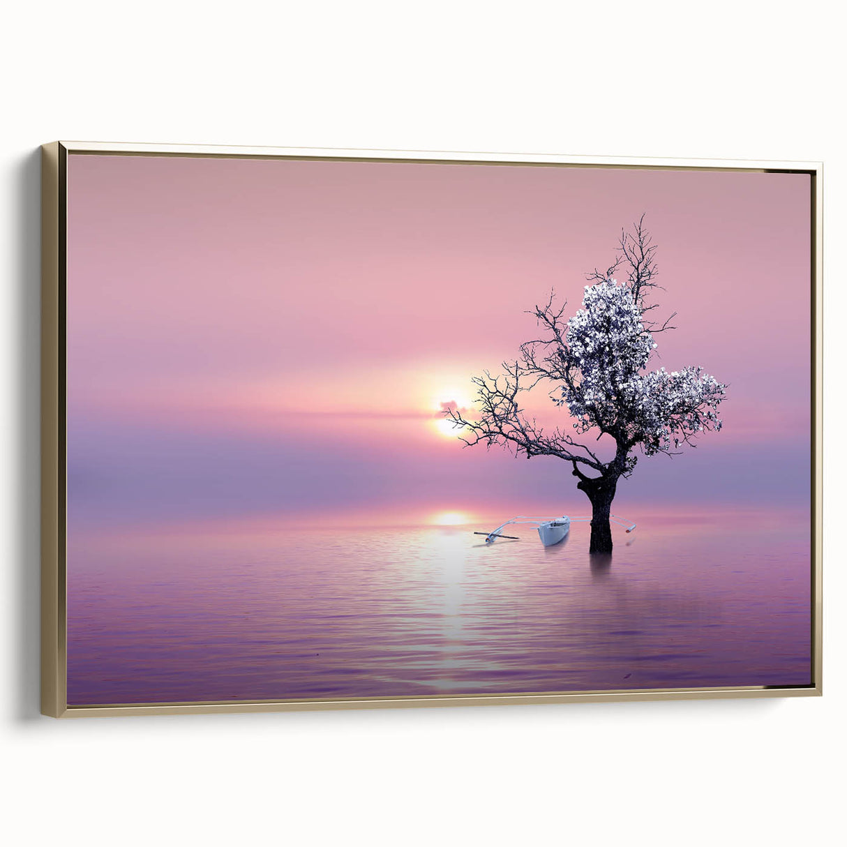 Framed canvas artwork showcasing a landscape design with gold accents, viewed from the side, ideal for home decor and enhancing interior aesthetics.