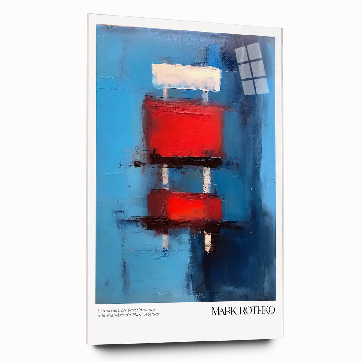 Large abstract wall art in blue and orange tones on acrylic glass, suitable for modern bedroom or dining room decor.
